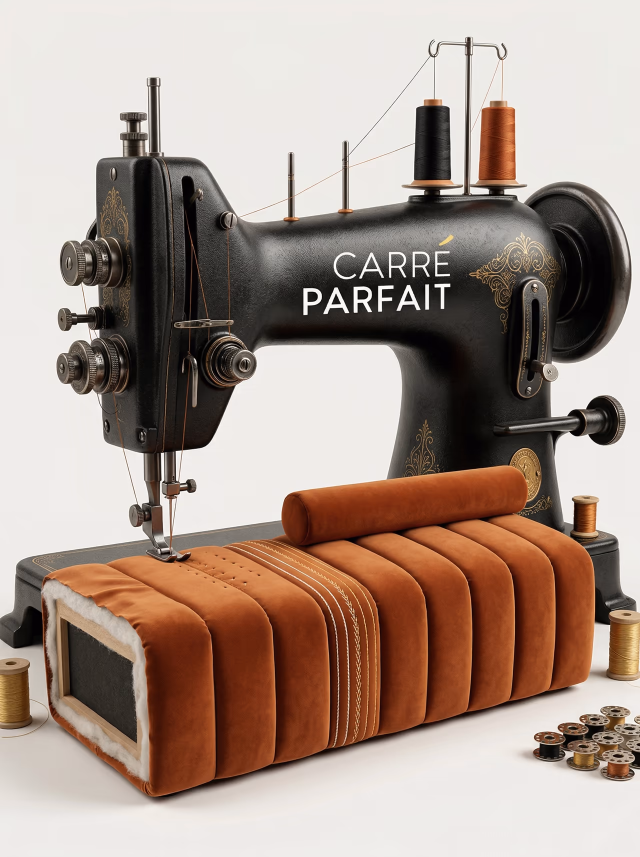 A vintage black sewing machine branded Carré Parfait, mid-stitch on a deep rust velvet upholstery roll with channel tufting, surrounded by wooden thread spools on a soft cream background.