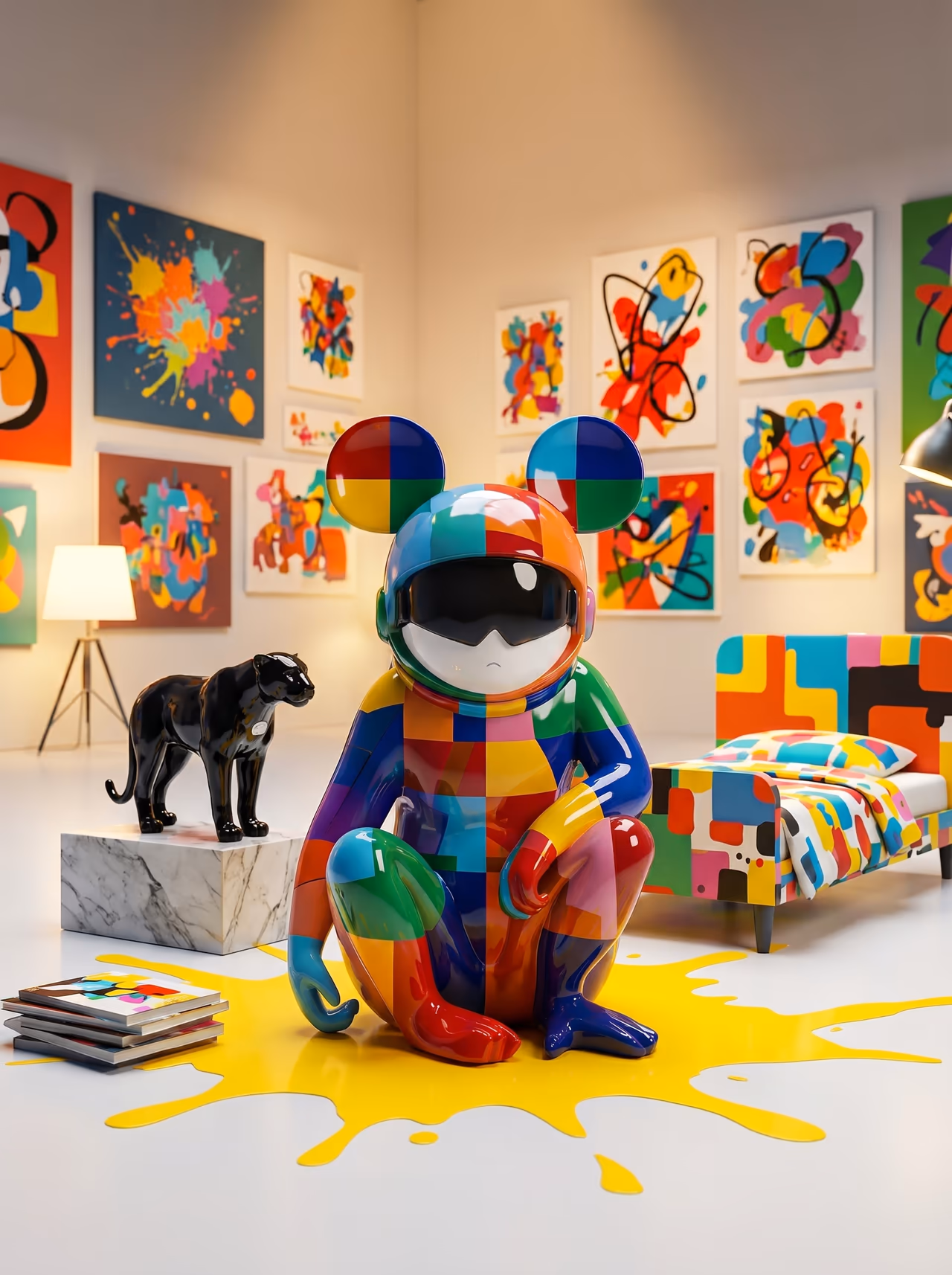 Pop-art décor — a glossy multicolour bear figure and a black panther sculpture among bright abstract canvases on a yellow paint splash.