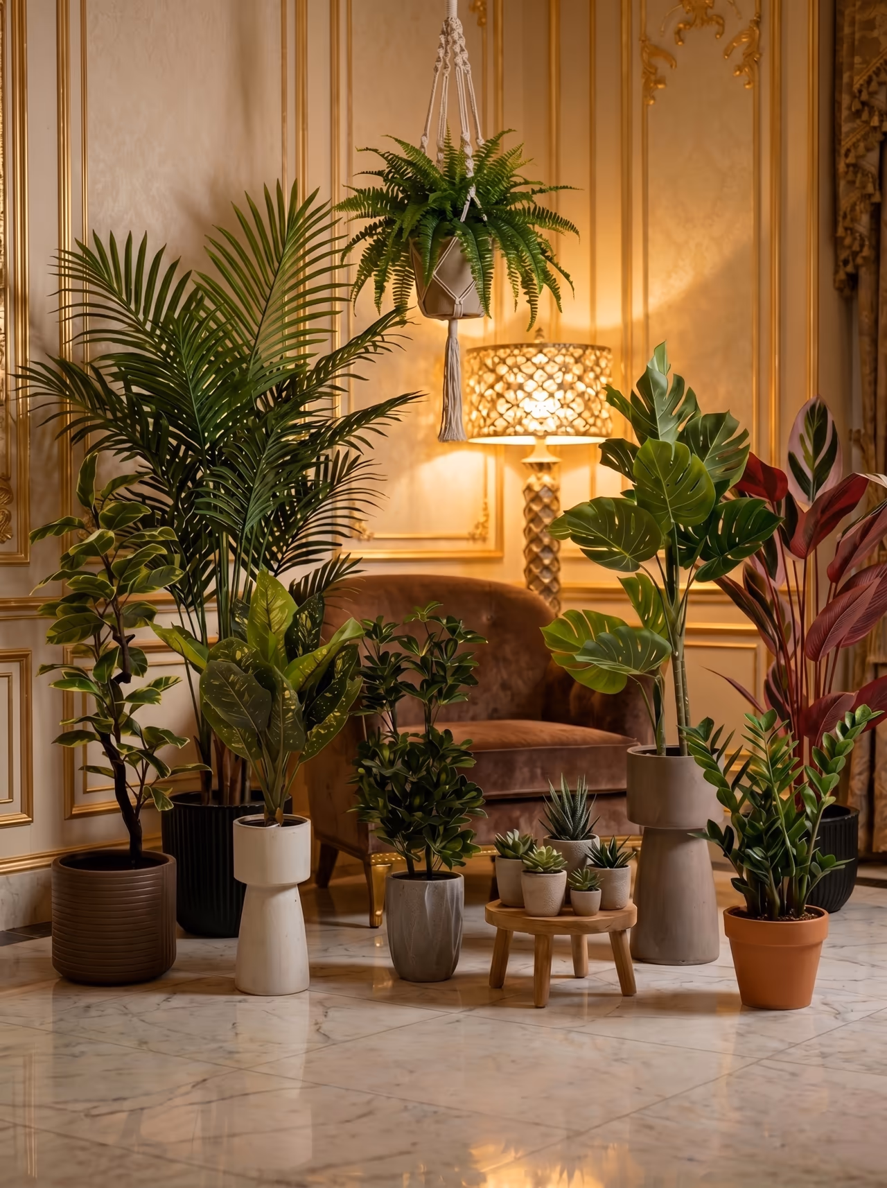 Indoor plants in a gilded classical room — potted palms, ferns, a hanging macramé fern and succulents beside a velvet armchair.