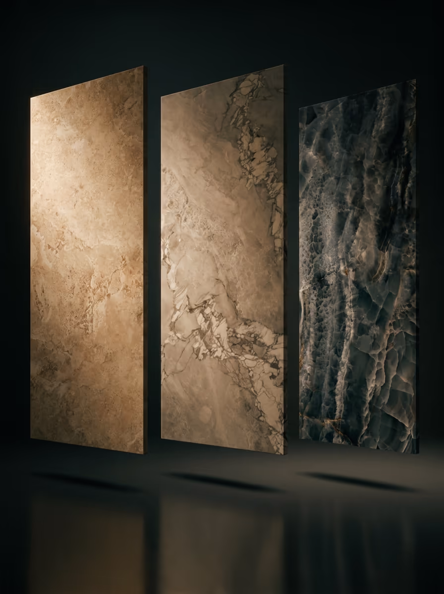 Three large porcelain slab panels upright against a dark backdrop — warm travertine-look, veined cream marble-look and dark grey-veined onyx-look.